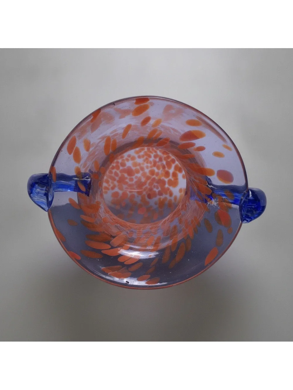 Vintage Nouveau Orange Spatter Art Glass Vase with Applied Cobalt Blue Handles